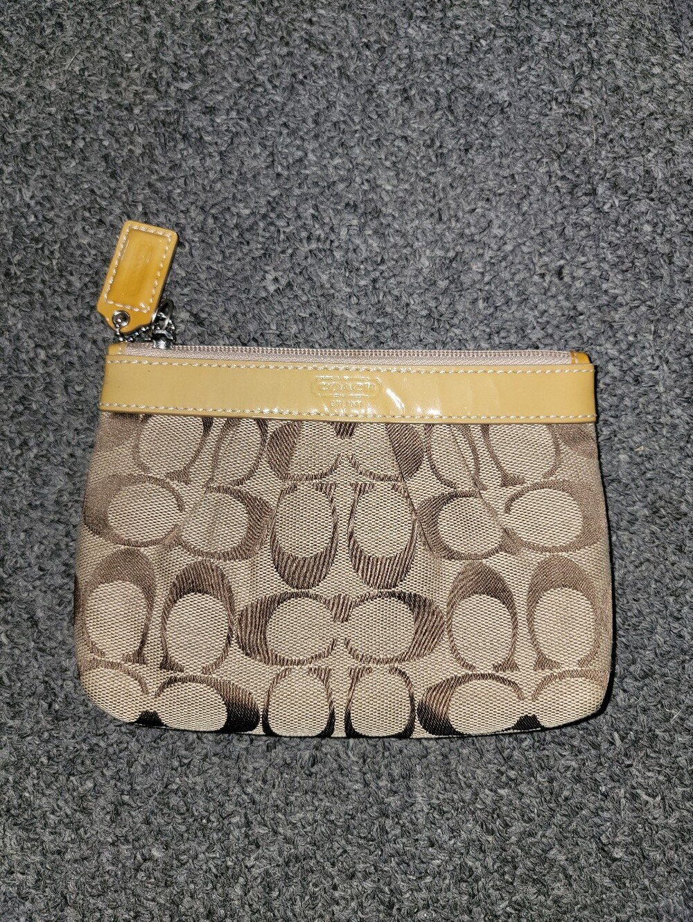 Coach Signature Canvas Wristlet in Beige with Yellow Trim